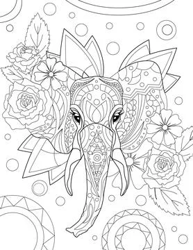 Abstract vector line drawing stylized elephant elaborate patterns floral Stock Illustration