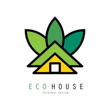 Abstract vector logo of green house. Eco friendly home. Original emblem for Ilustración de archivo