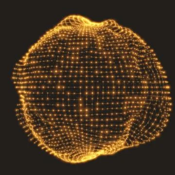 Abstract vector mesh distorted sphere constructed with connected glowing gold Stock Illustration