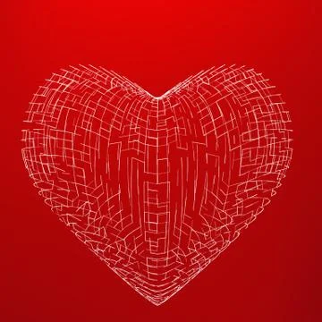 Abstract vector mesh heart background. Chaotically connected points and polyg Illustrazione stock