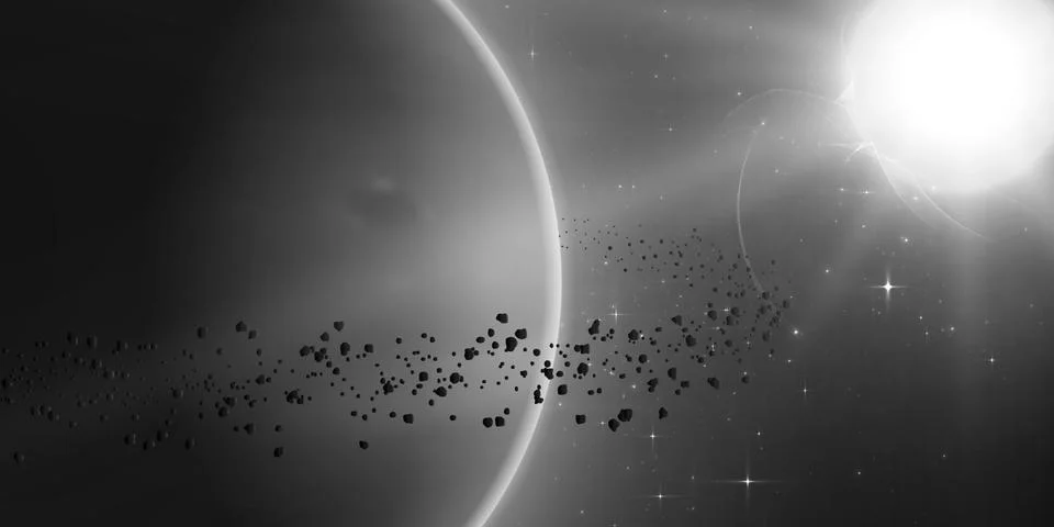 Abstract vector monochrome background with planet and ring of asteroids aroun Stock Illustration