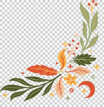 Abstract vector motif is forming corner with leaves berries moon sparkles on Stock Illustration