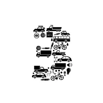 Abstract vector number 3 made from car icon - alphabet set Stock Illustration