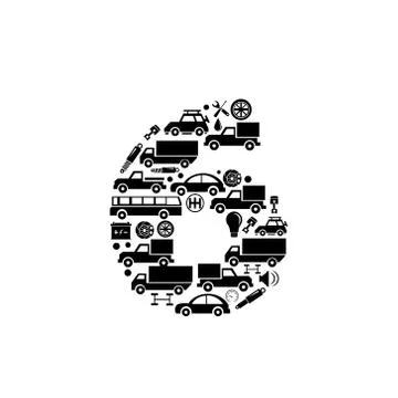 Abstract vector number 6 made from car icon - alphabet set Stock Illustration