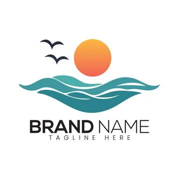 Abstract Vector Ocean Waves with Sun and Bird Beach Icon or Logo Design Tem.. Stock Illustration