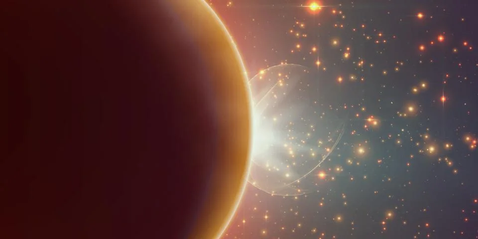 Abstract vector orange background with planet and eclipse of its star. Bright イラスト素材