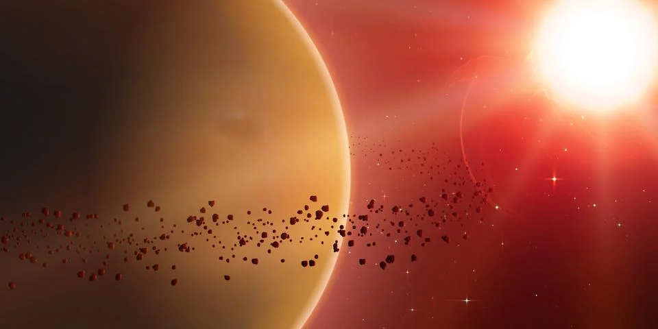 Abstract vector orange background with planet and ring of asteroids around. B Stock Illustration