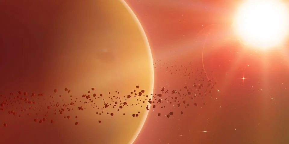 Abstract vector orange background with planet and ring of asteroids around. B Stock Illustration