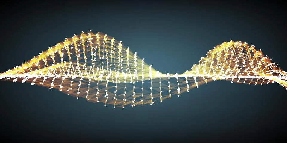 Abstract vector orange wave mesh background. Point cloud array. Chaotic light Illustrazione stock