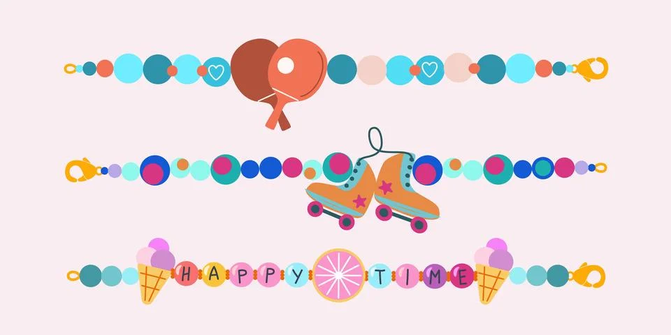 Abstract vector plastic beads colorful kids bracelets illustration set. Happy Stock Illustration