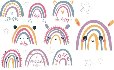 Abstract vector rainbow set. Hand drawn rainbows in minimalist scandinavian Stock Illustration