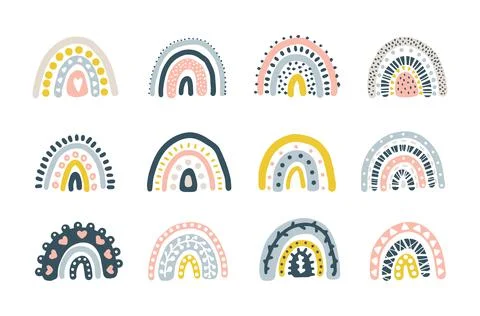 Abstract vector rainbow set. Hand drawn rainbows in minimalist scandinavian Illustrazione stock