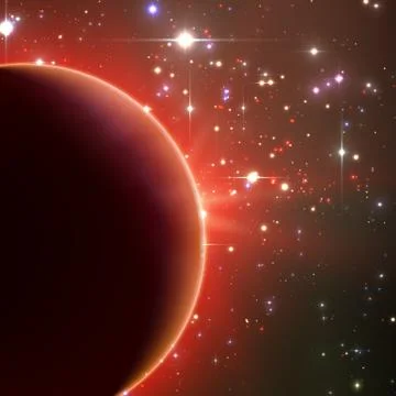 Abstract vector red background with planet and eclipse of its star. Bright st Stock Illustration