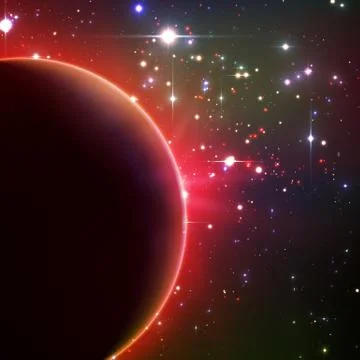 Abstract vector red background with planet and eclipse of its star. Bright st Stock Illustration