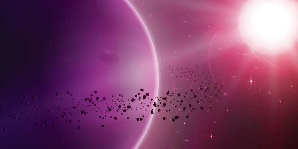 Abstract vector red background with planet and ring of asteroids around. Brig Stock Illustration