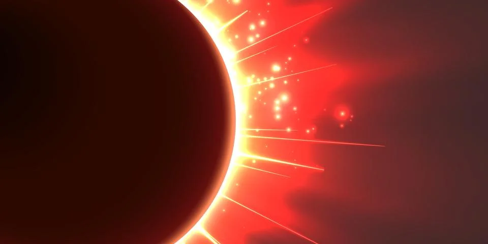 Abstract vector red background with planet and eclipse of its star. Bright st Stock Illustration