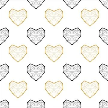 Abstract Vector Seamless Geometric Pattern Of Black And Gold Hearts. Stock Illustration
