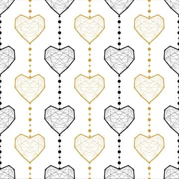 Abstract Vector Seamless Geometric Pattern Of Black And Golden Hearts Connect Stock Illustration