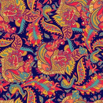 Abstract vector seamless pattern with abstract flowers and leaves. Stock Illustration