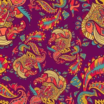 Abstract vector seamless pattern with abstract flowers and leaves. Stock Illustration