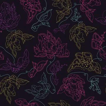 Abstract vector seamless pattern  with  outline abstract flowers and leaves. Stock Illustration