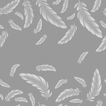 Abstract Vector seamless pattern, white feathers on gray background. Stock Illustration