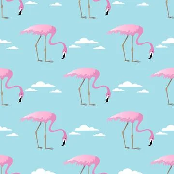 Abstract vector Seamless summer tropical pattern with flamingo and clouds Stockillustratie