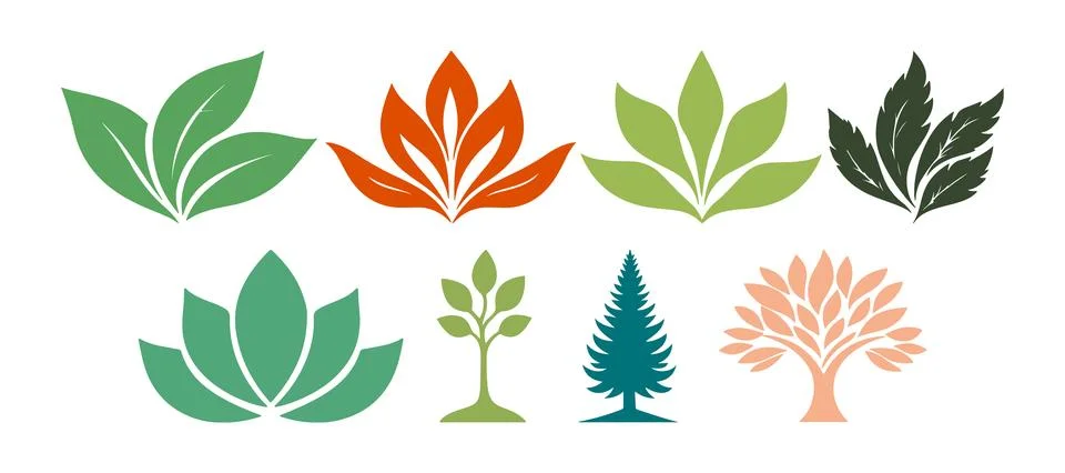 Abstract Vector Set of Seven Botanical Plant and Tree Icon or Logo Design T.. Stock Illustration