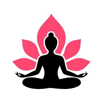 Abstract Vector Silhouette in lotus pose with pink lotus flower Icon or Log.. Stock Illustration