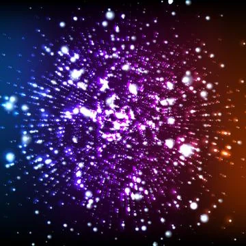 Abstract vector space background. Explosion of glowing particles and light ra Stock Illustration