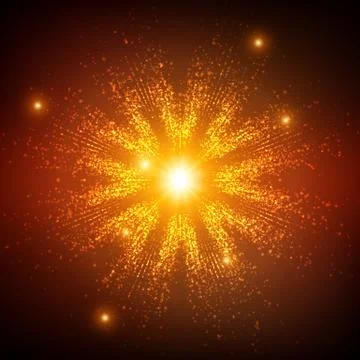Abstract vector space background. Explosion of glowing particles and light ra Illustrazione stock