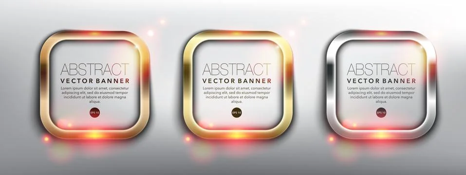 Abstract vector square banners set of 3. Gold, bronze and silver frames. Illustrazione stock