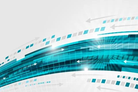 Abstract vector technology background with blue swoosh, arrows and glitter. Stock Illustration