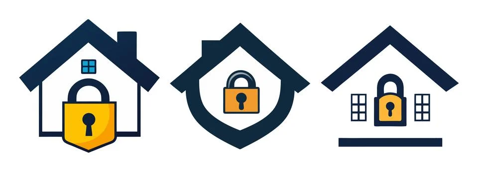 Abstract Vector Three house security logos with padlocks inside Icon or Log.. Stock Illustration