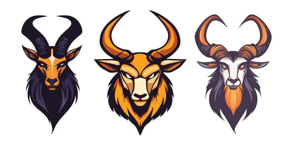Abstract Vector Three stylized goat heads with varying horn shapes Icon or .. Stock Illustration