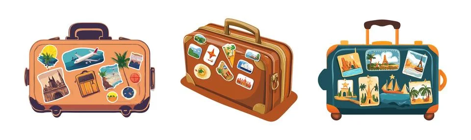 Abstract Vector Three suitcases adorned with travel destination stickers Ic.. Stock Illustration