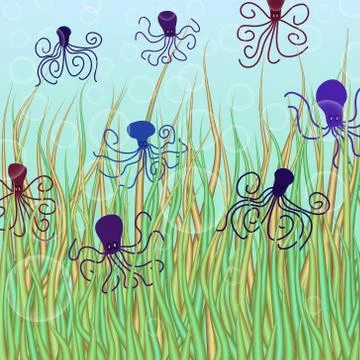 Abstract vector underwater background with octopuses and bubbles Stockillustratie