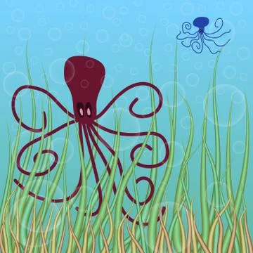 Abstract vector underwater background with octopuses and bubbles 스톡 일러스트