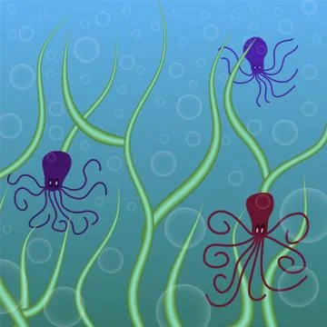 Abstract vector underwater background with octopuses and bubbles Illustrazione stock