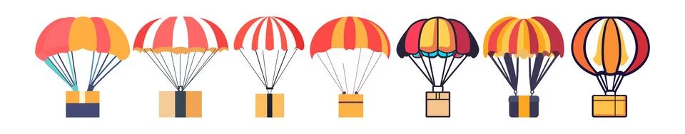 Abstract Vector Various parachutes with boxes Icon or Logo Design Template Illustrazione stock