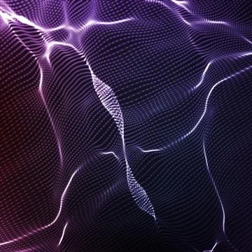 Abstract vector violet wave mesh background. Point cloud array. Chaotic light Stock Illustration