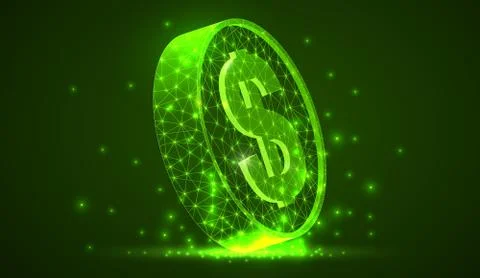 Abstract vector wireframe dollar coin 3d modern illustration on dark background Illustrazione stock