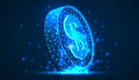 Abstract vector wireframe dollar coin 3d modern illustration on dark background Stock Illustration