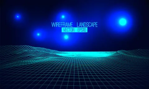 Abstract vector wireframe landscape background. Cyberspace grid. 3d Stock Illustration