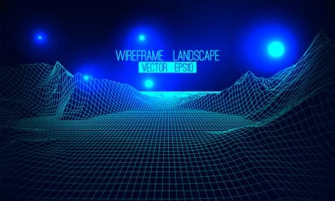 Abstract vector wireframe landscape background. Cyberspace grid. 3d Stock Illustration