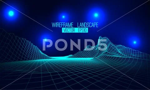 Abstract vector wireframe landscape background. Cyberspace grid. 3d Stock Illustration