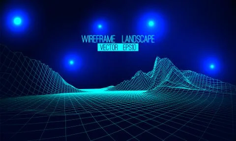 Abstract vector wireframe landscape background. Cyberspace grid. 3d 库存插图