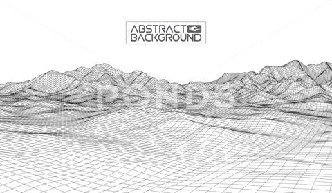 Abstract vector wireframe landscape background. Cyberspace grid. 3d technology Stock Illustration