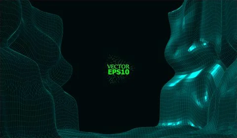 Abstract vector wireframe landscape background. Cyberspace grid. 3D wire fram Stock Illustration
