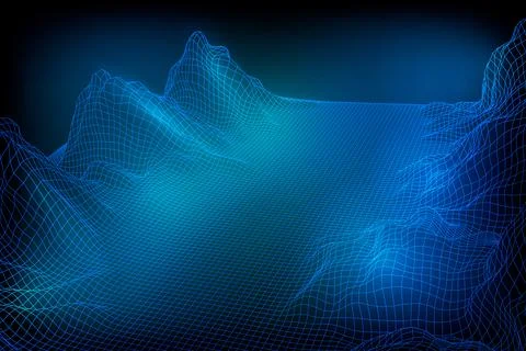 Abstract vector wireframe landscape background. 3D futuristic mesh mountains Stock Illustration